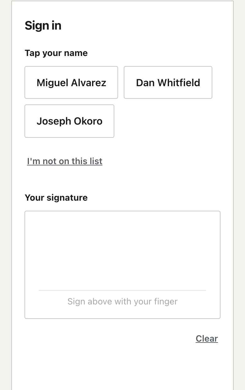The signing card on a phone: tap your name, sign with a finger, press Sign in