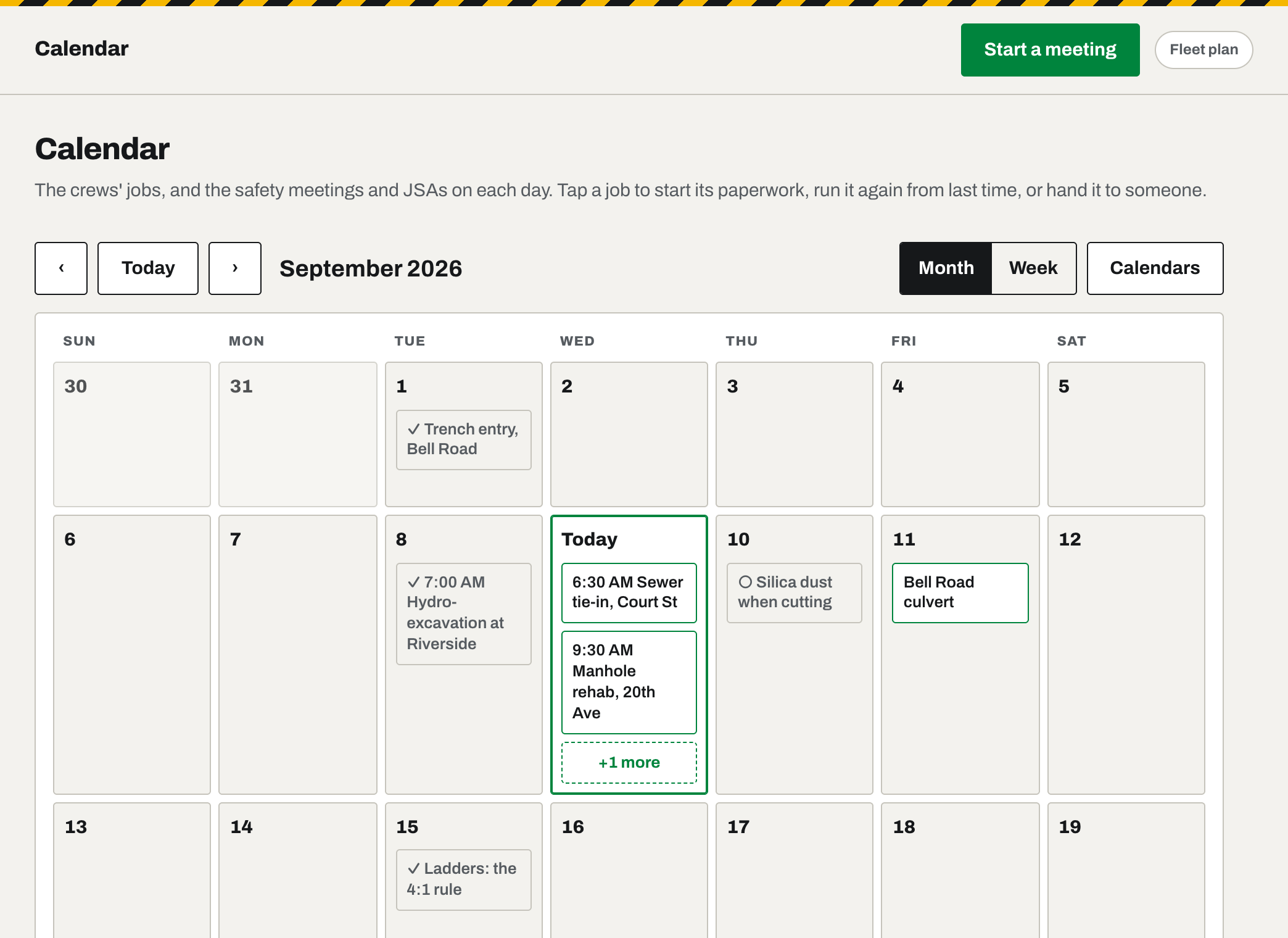 The Calendar tab: a month grid with jobs and filed meetings on their days