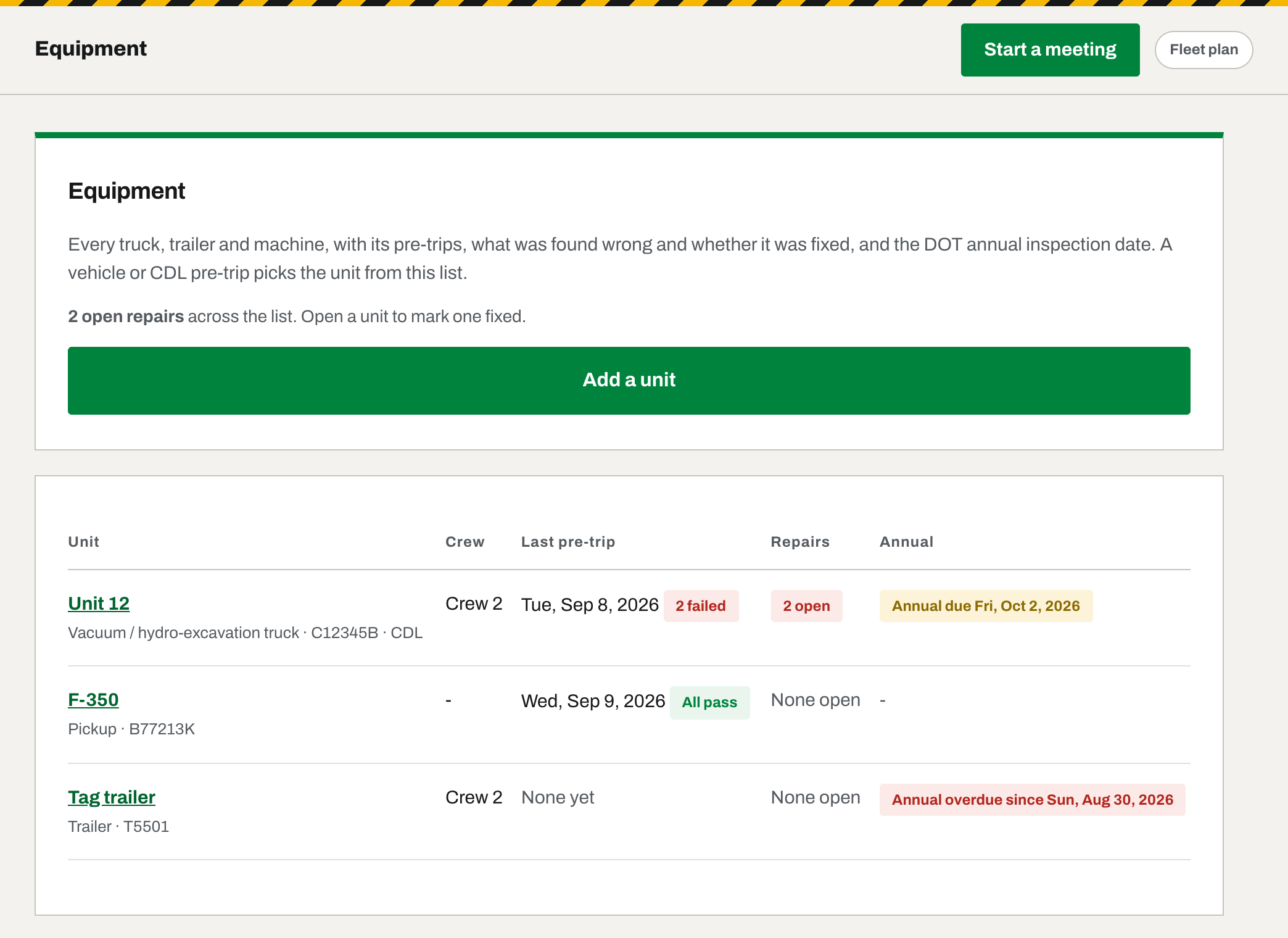 The Equipment tab: every truck, trailer and machine with its last pre-trip, open repairs and annual inspection date