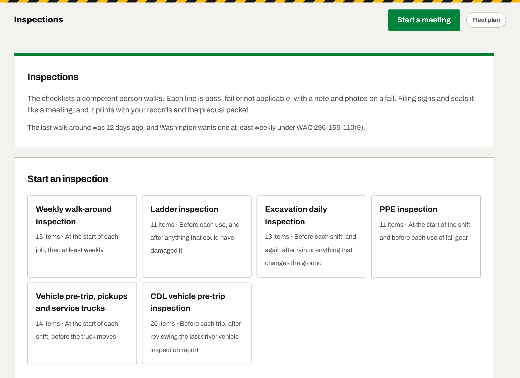 The Inspections tab: when the last walk-around was, and the five checklists to start from