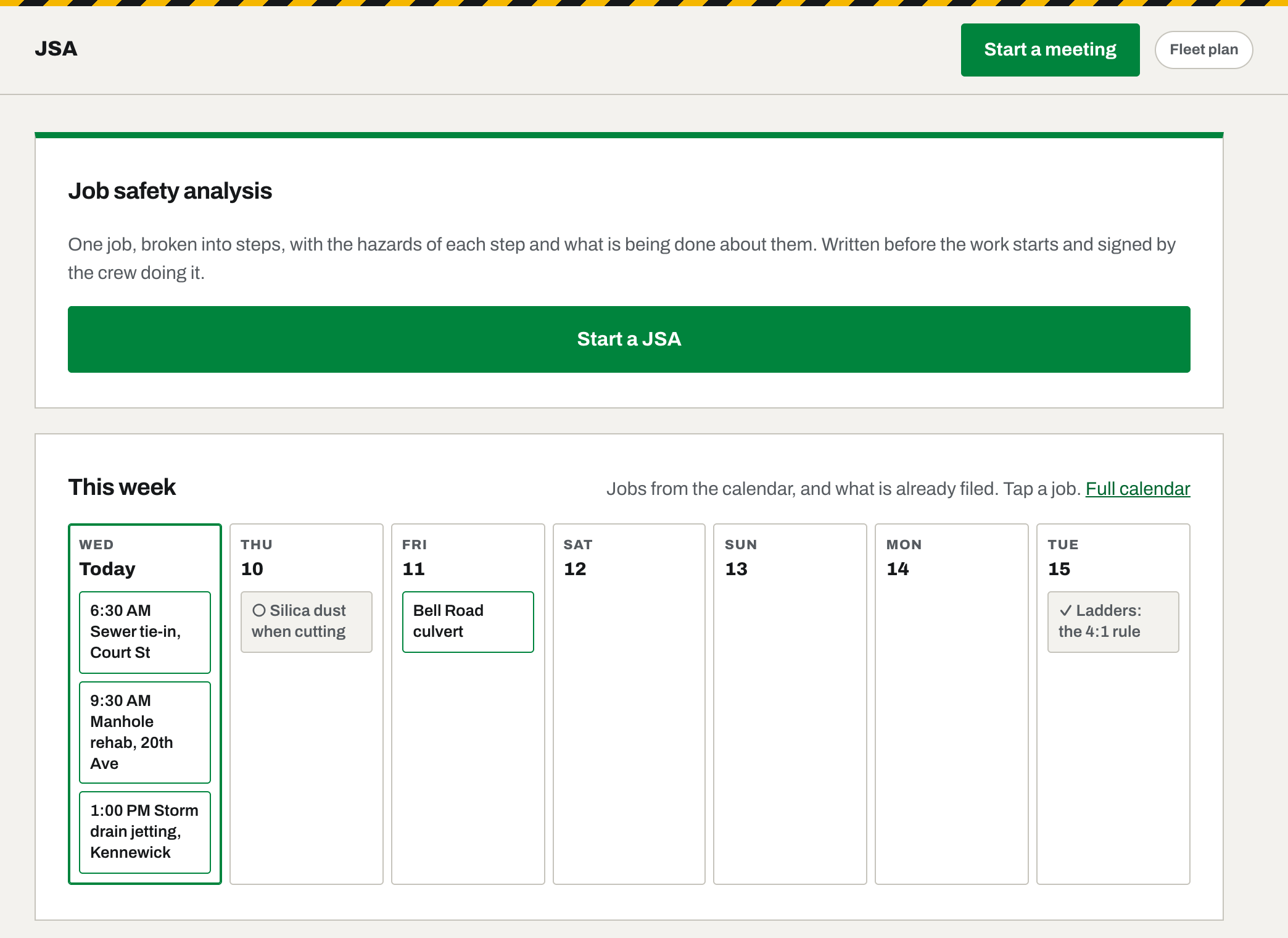 The JSA tab: a Start a JSA button, this week's jobs and the filed analyses with their seal codes