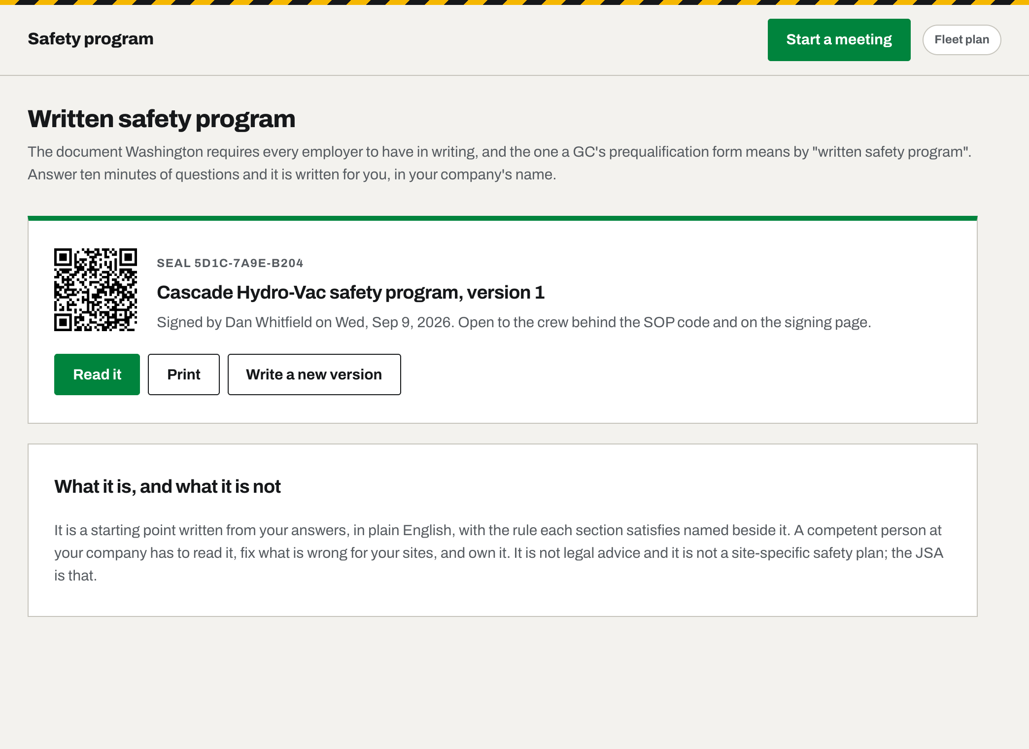 The Safety program tab: the signed Accident Prevention Program with its seal, and the wizard to write a new version