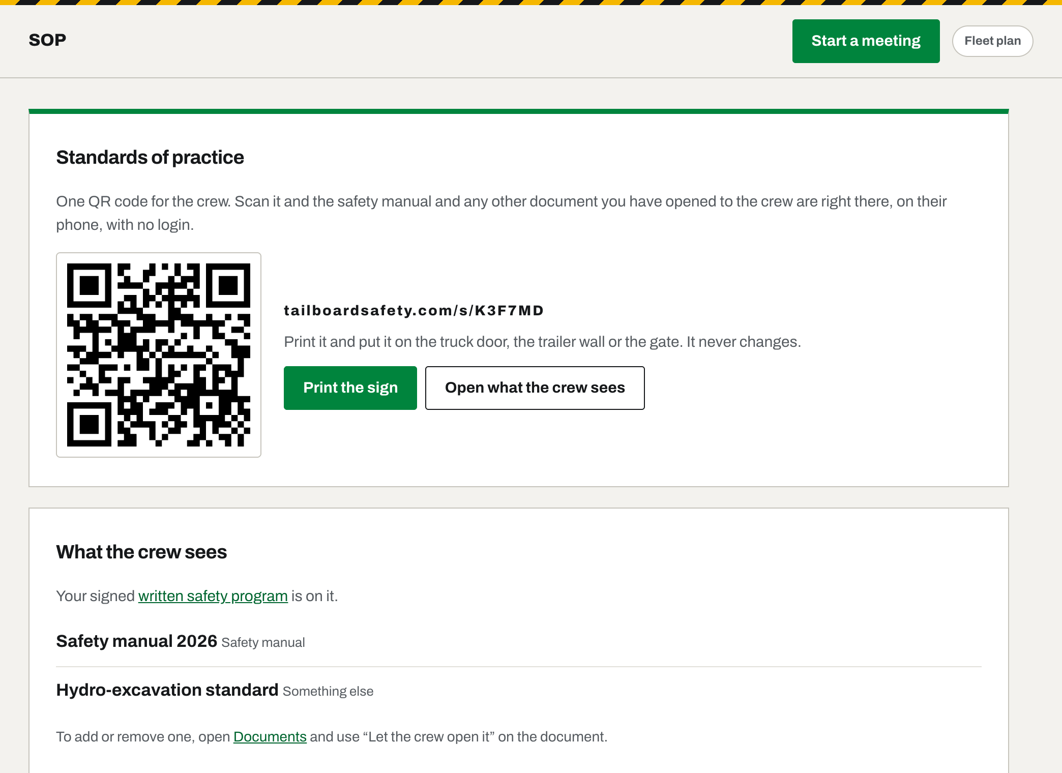 The SOP tab: a QR code, the address in words, a Print the sign button and the documents the crew can open