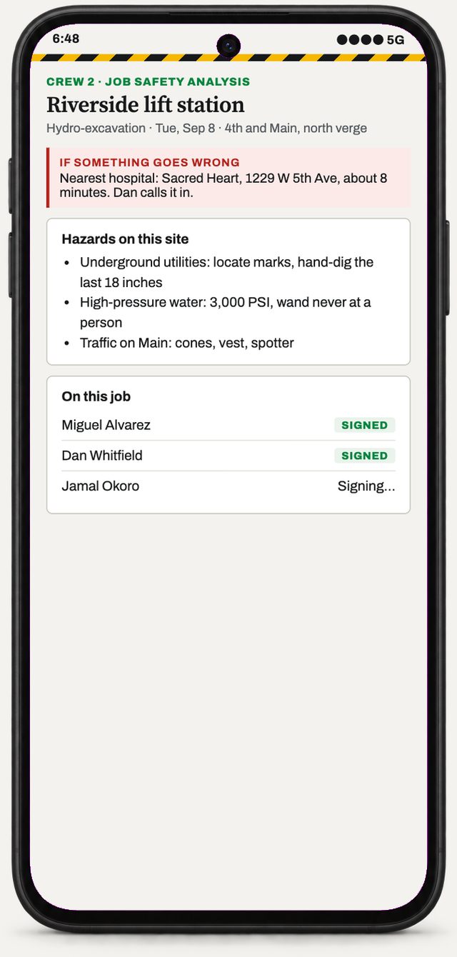 A job safety analysis on a phone: emergency plan, the hazards on this site, who has signed