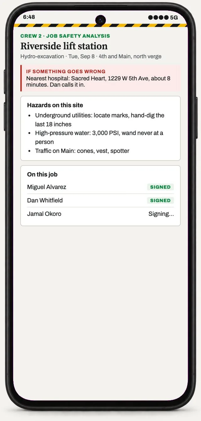 A job safety analysis on a phone: emergency plan, the hazards on this site, who has signed