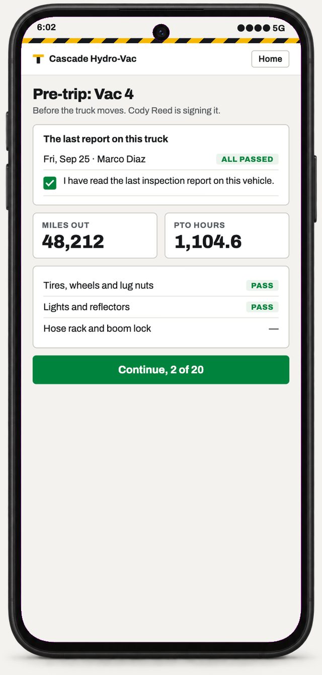 A driver's pre-trip on a phone: the last report on the truck, miles and PTO hours, the checklist