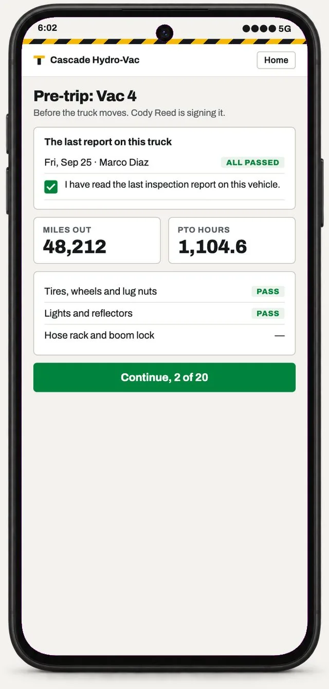 A driver's pre-trip on a phone: the last report on the truck, miles and PTO hours, the checklist
