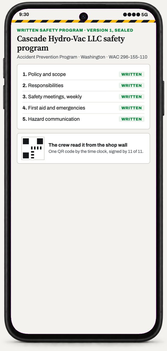 A sealed written safety program in the company's own name, read by the crew from a QR code