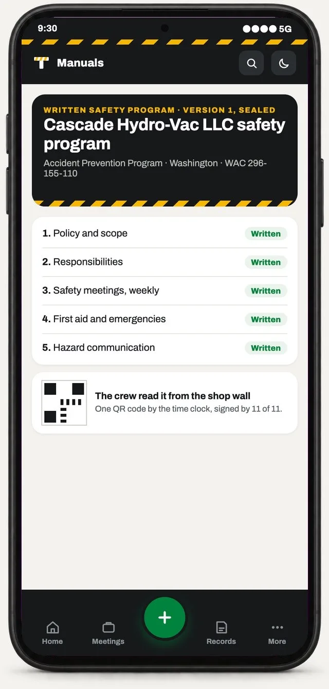 A sealed written safety program in the company's own name, read by the crew from a QR code