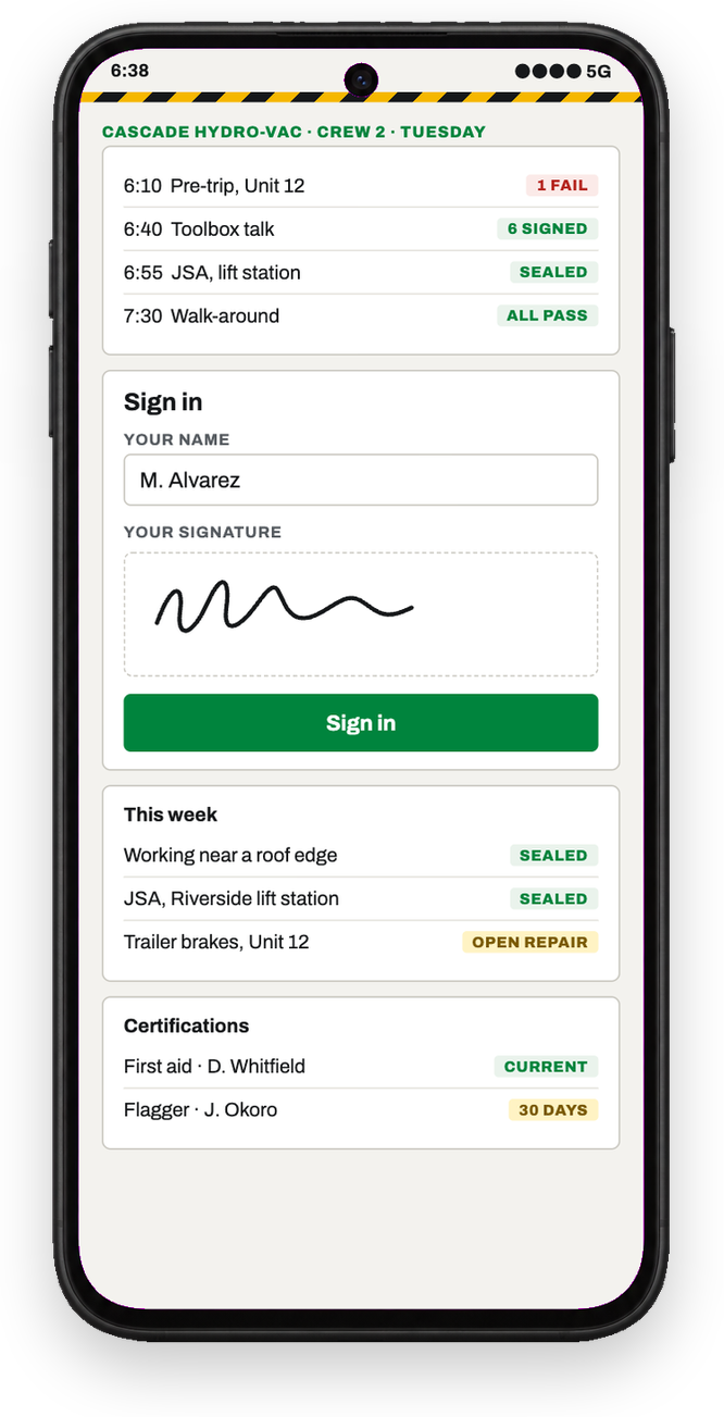 The crew's phone: the day's pre-trip, talk, JSA and walk-around listed, and the sign-in with a signature drawn on the screen