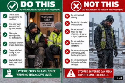 Placard: Cold work: wind, wet, and the person who stops shivering
