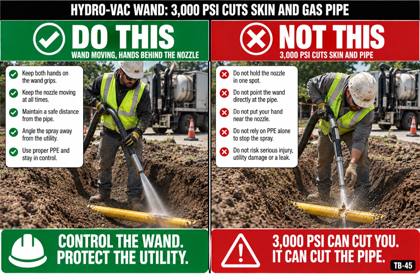 Placard: Hydro-vac wand: 3,000 PSI cuts skin and gas pipe