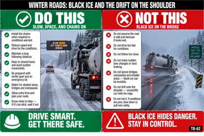 Placard: Winter roads: black ice and the drift on the shoulder