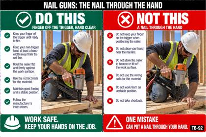 Placard: Nail guns: the nail through the hand