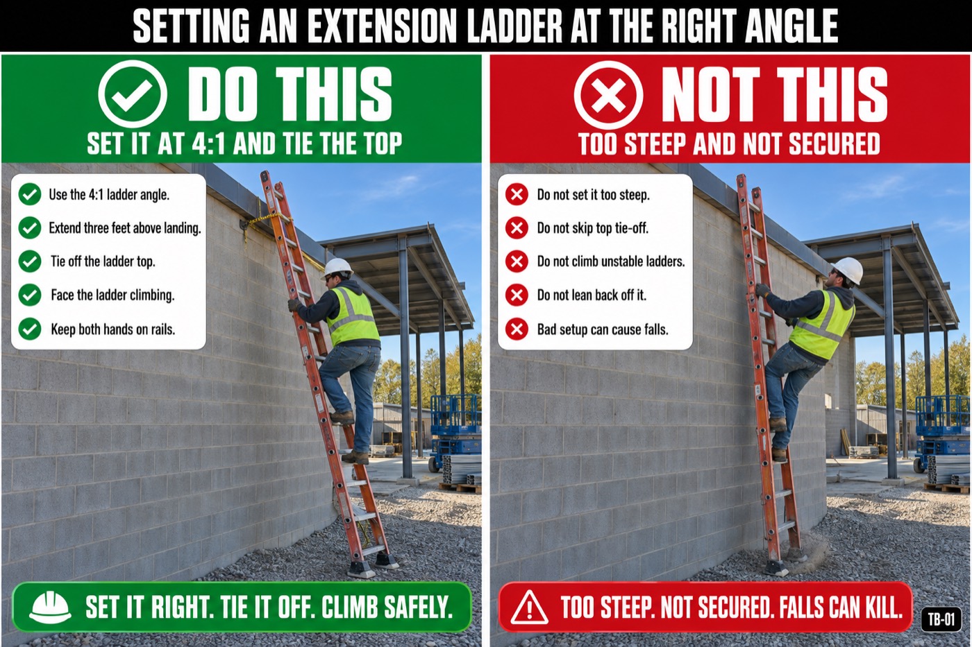 The 4:1 rule. Base one foot out for every four feet of working length, and three feet above the landing.