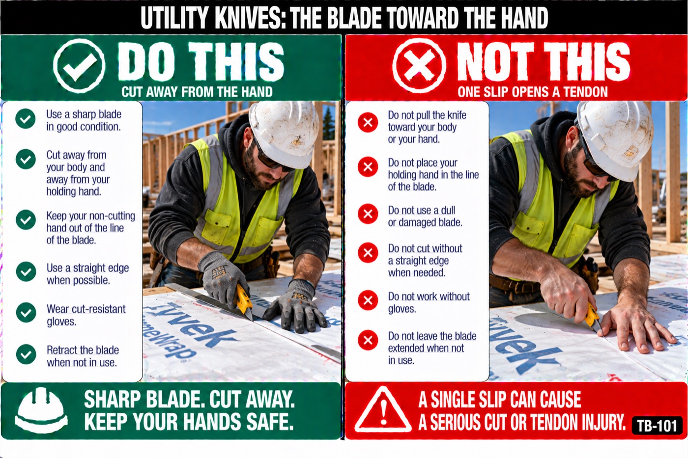 Utility knives: the blade toward the hand: the placard for this talk