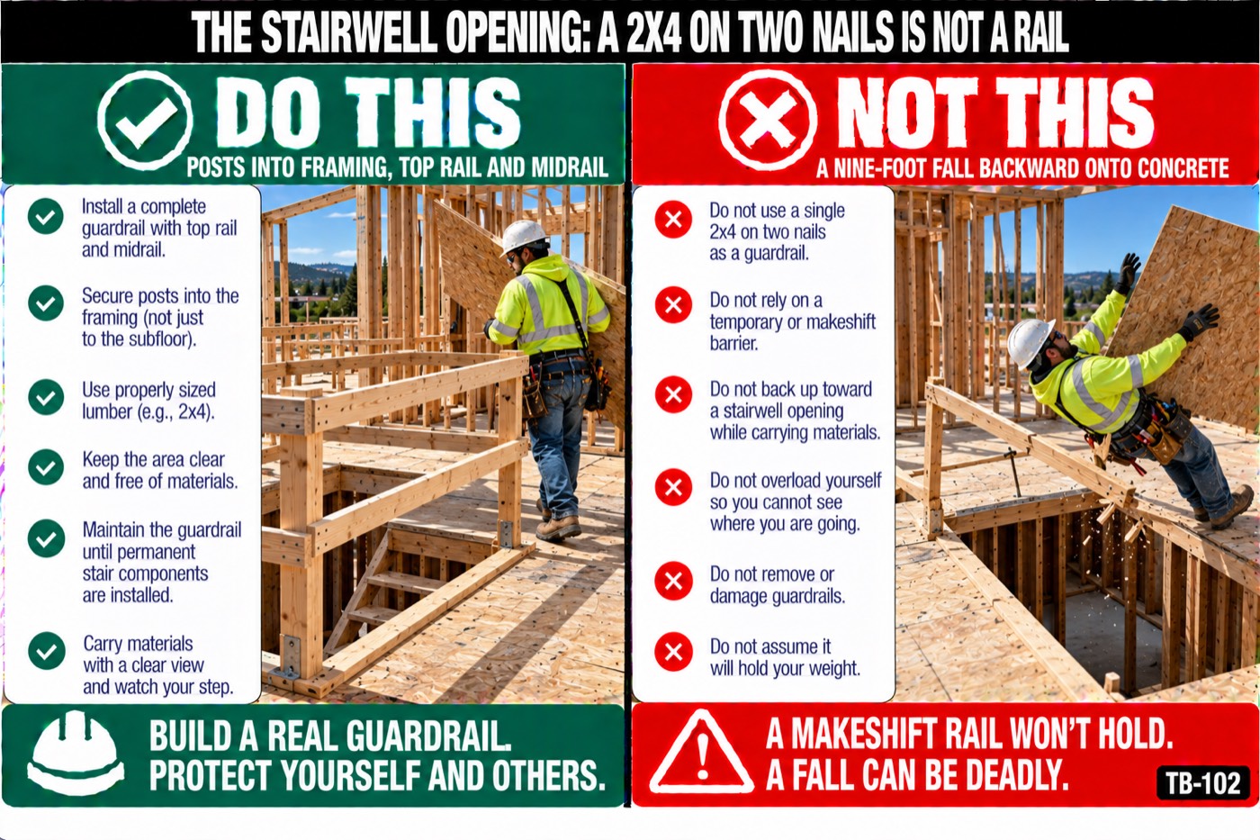 The stairwell opening: a 2x4 on two nails is not a rail: the placard for this talk