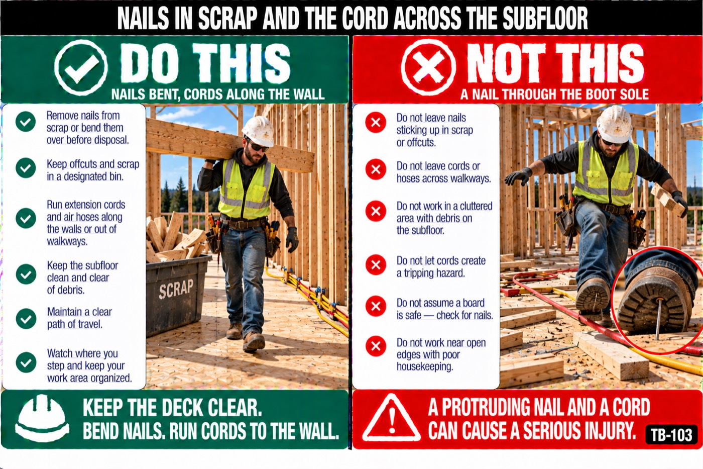Nails in scrap and the cord across the subfloor: the placard for this talk