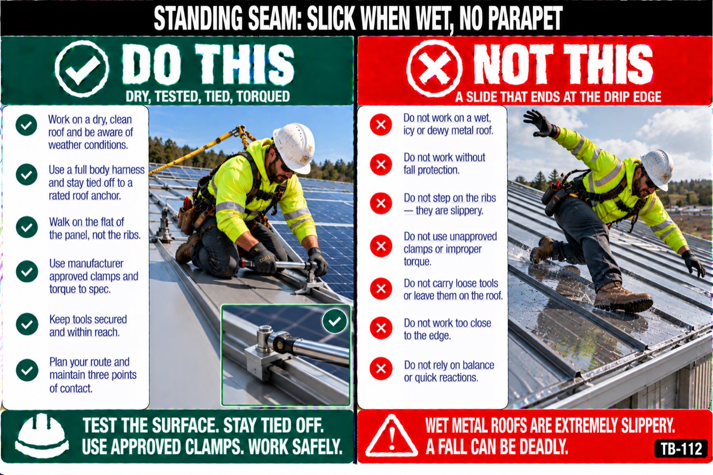 Standing seam: slick when wet, no parapet: the placard for this talk