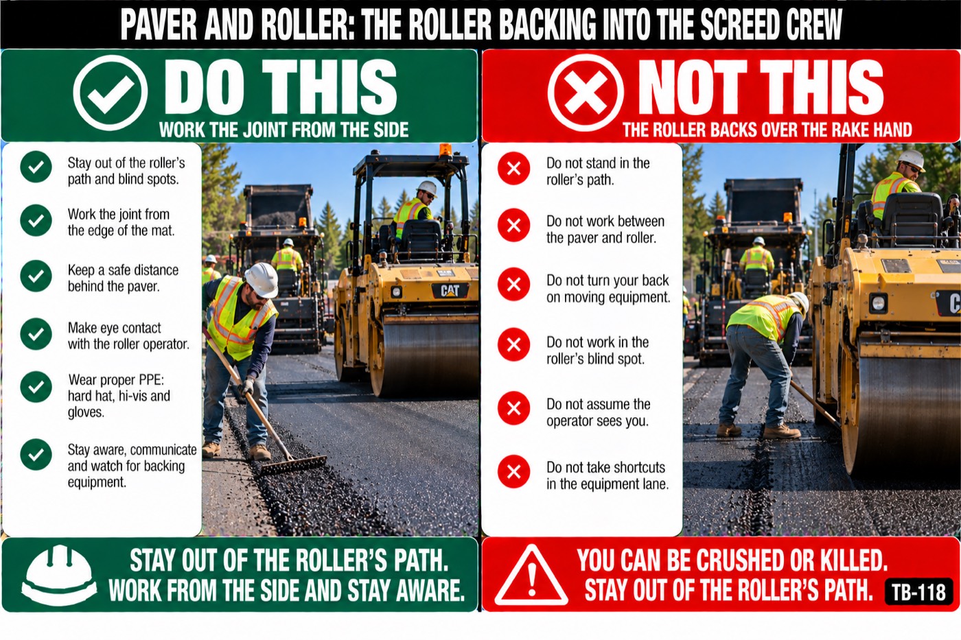 Paver and roller: the roller backing into the screed crew: the placard for this talk