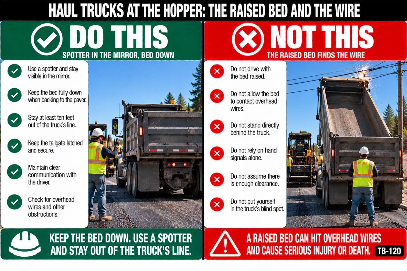 Haul trucks at the hopper: the raised bed and the wire: the placard for this talk