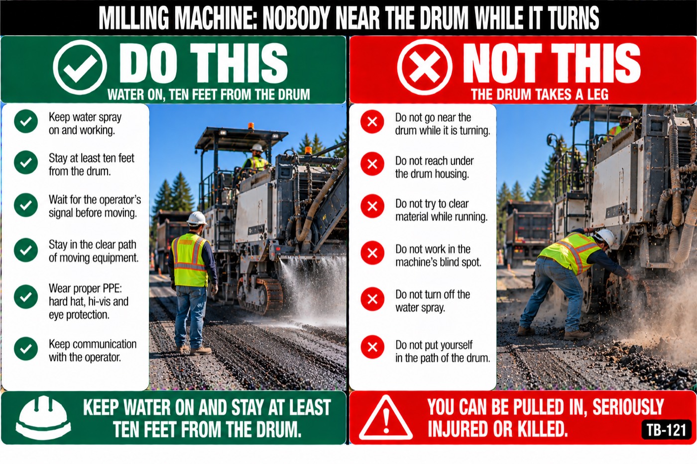 Milling machine: nobody near the drum while it turns: the placard for this talk