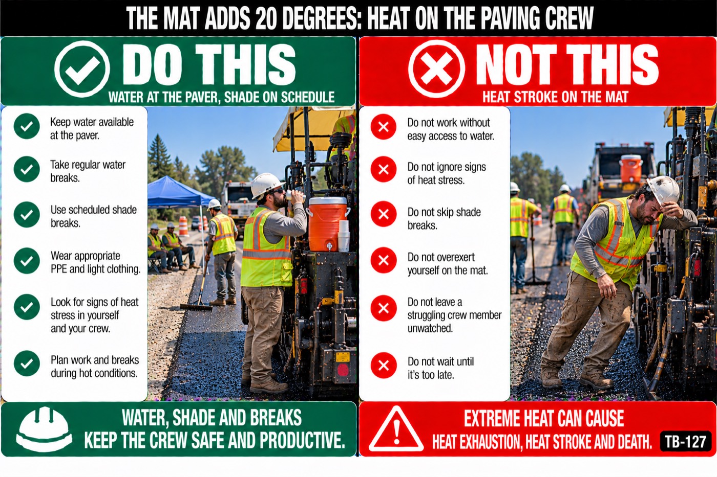 The mat adds 20 degrees: heat on the paving crew: the placard for this talk