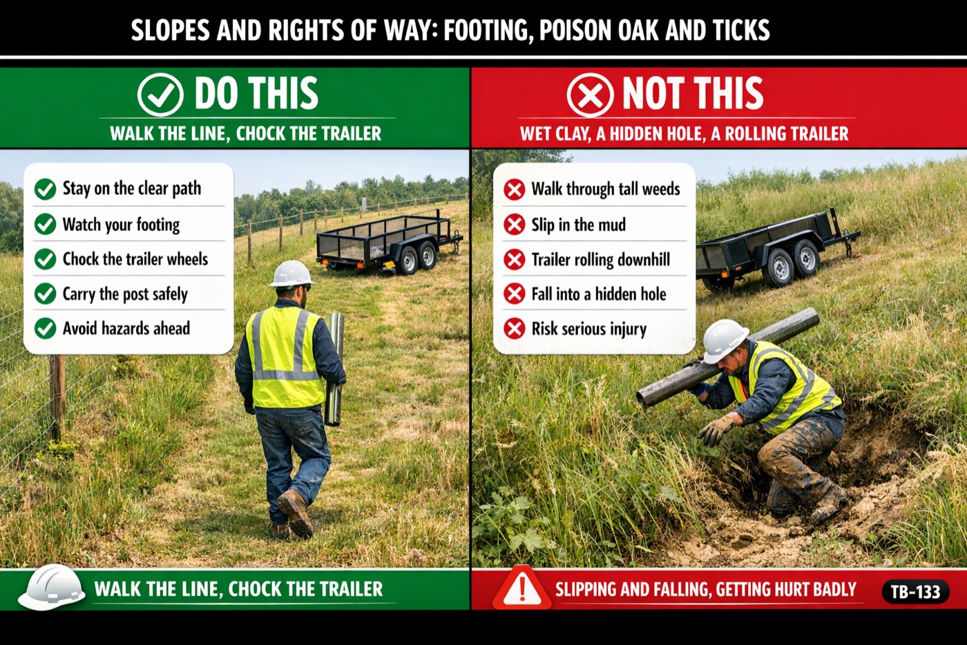 Slopes and rights of way: footing, poison oak and ticks: the placard for this talk