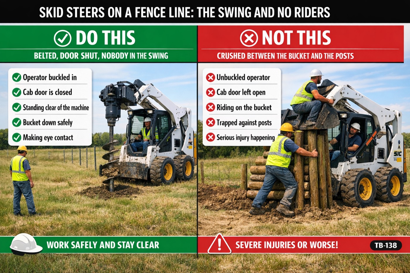 Skid steers on a fence line: the swing and no riders: the placard for this talk
