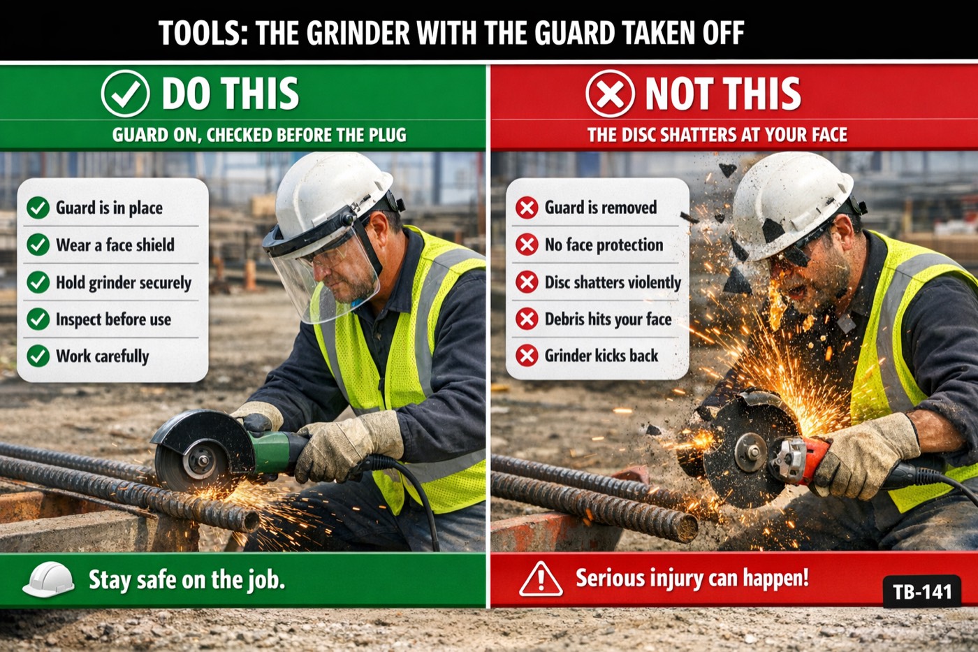 Tools: the grinder with the guard taken off: the placard for this talk