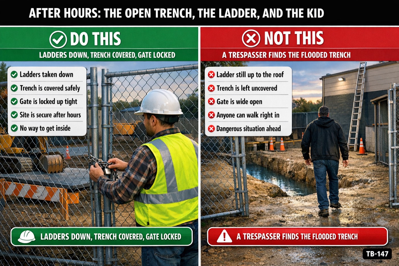 After hours: the open trench, the ladder, and the kid: the placard for this talk