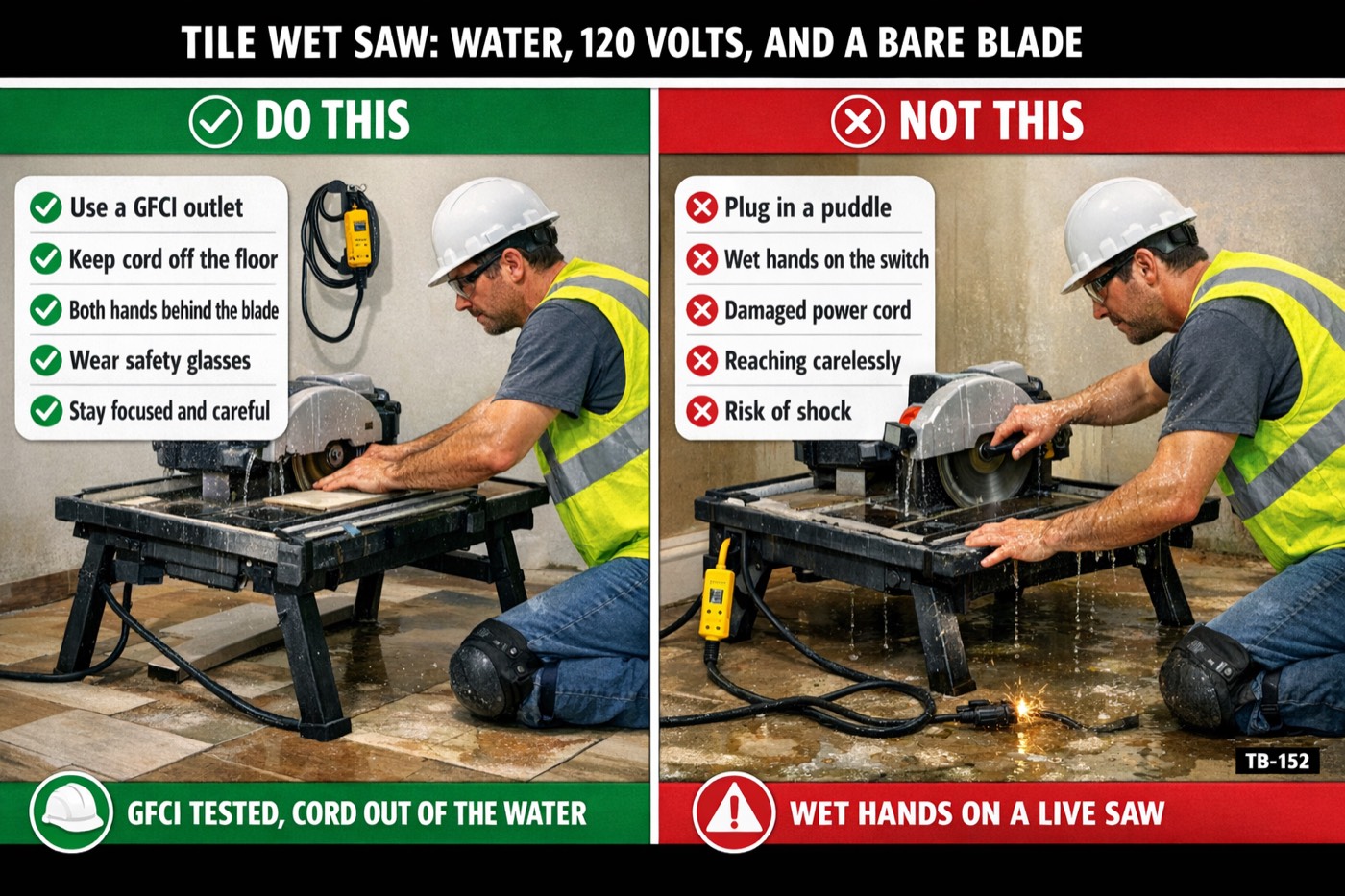 Tile wet saw: water, 120 volts, and a bare blade: the placard for this talk