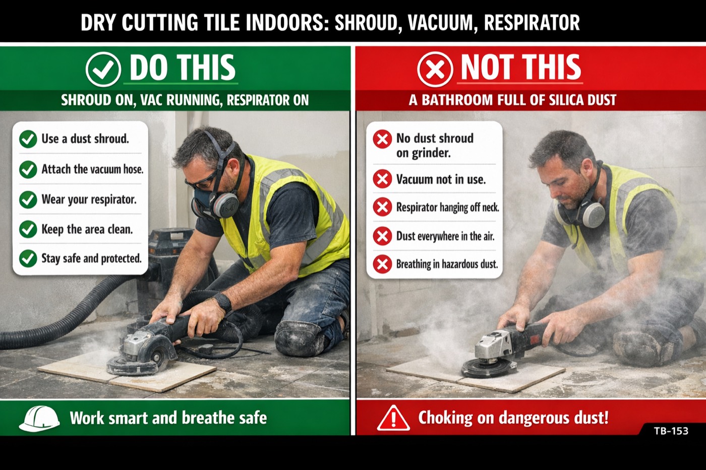 Dry cutting tile indoors: shroud, vacuum, respirator: the placard for this talk
