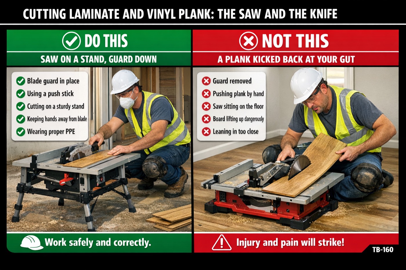 Cutting laminate and vinyl plank: the saw and the knife: the placard for this talk