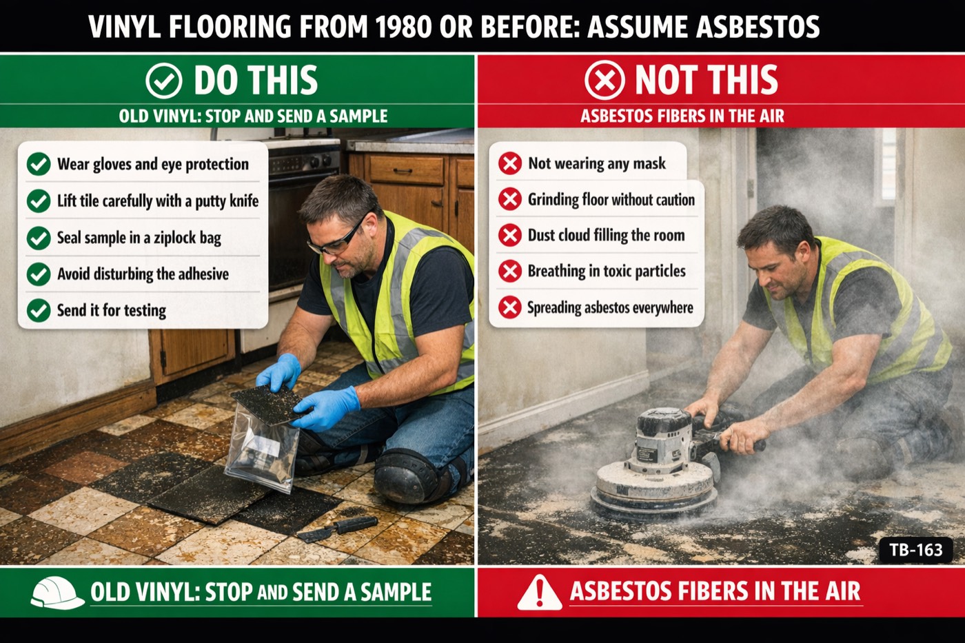 Vinyl flooring from 1980 or before: assume asbestos: the placard for this talk