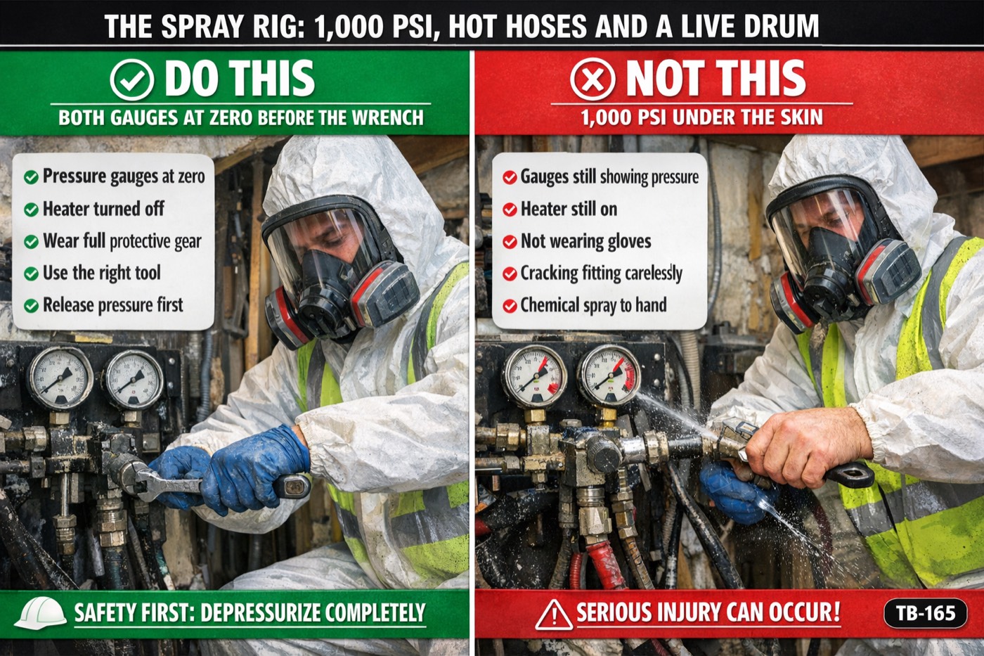 The spray rig: 1,000 PSI, hot hoses and a live drum: the placard for this talk