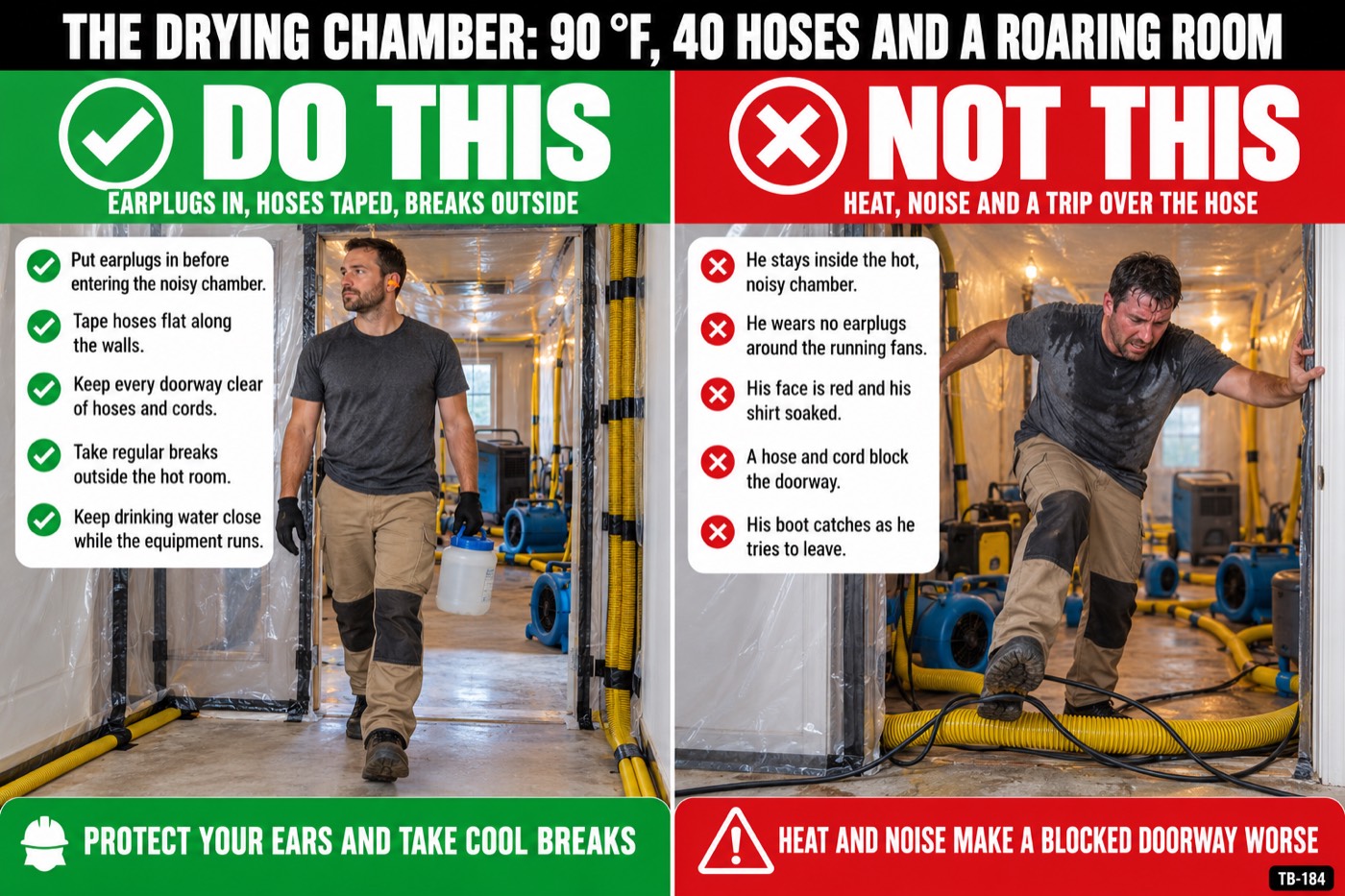 The drying chamber: 90 °F, 40 hoses and a roaring room: the placard for this talk