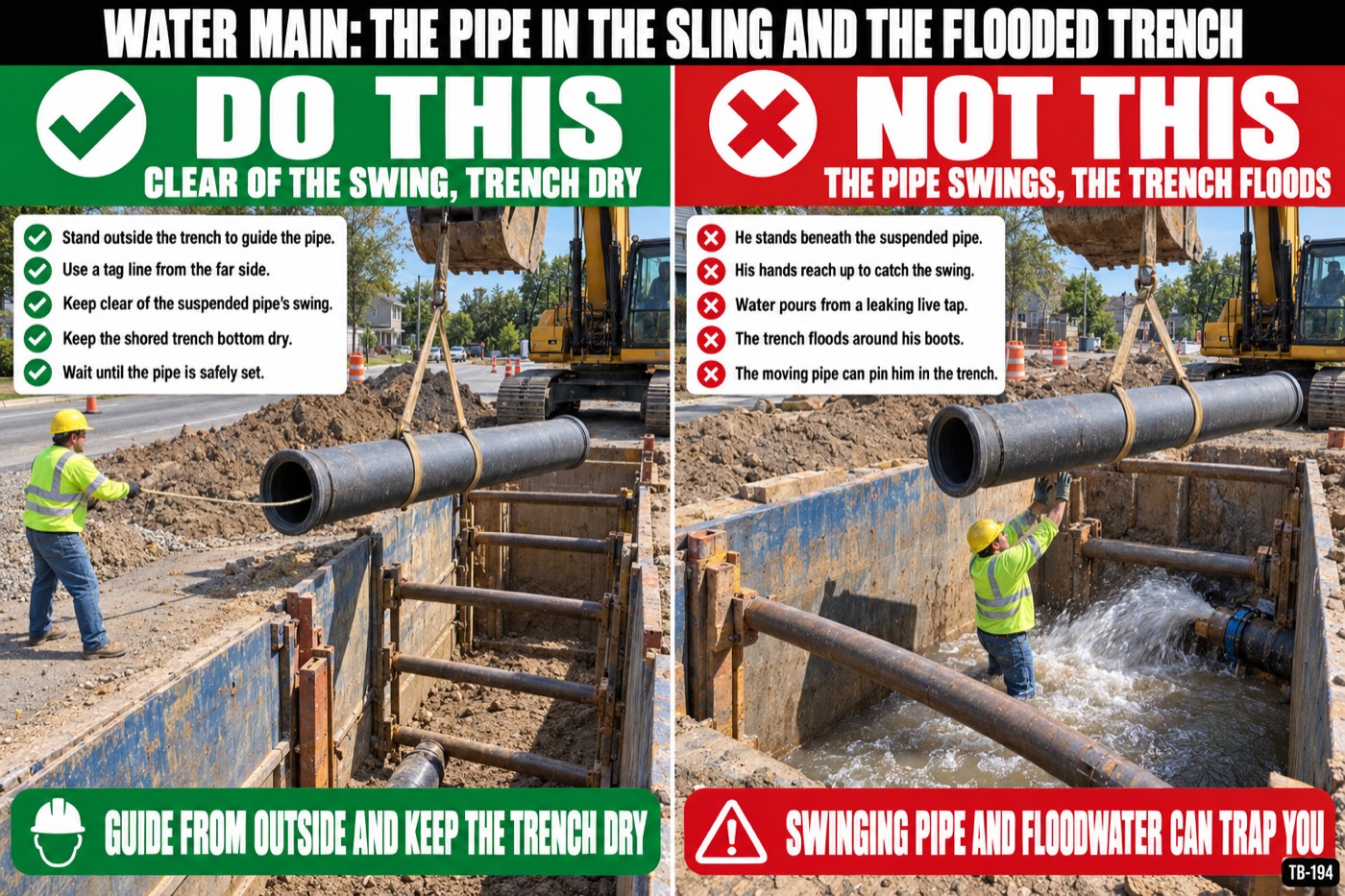 Water main: the pipe in the sling and the flooded trench: the placard for this talk