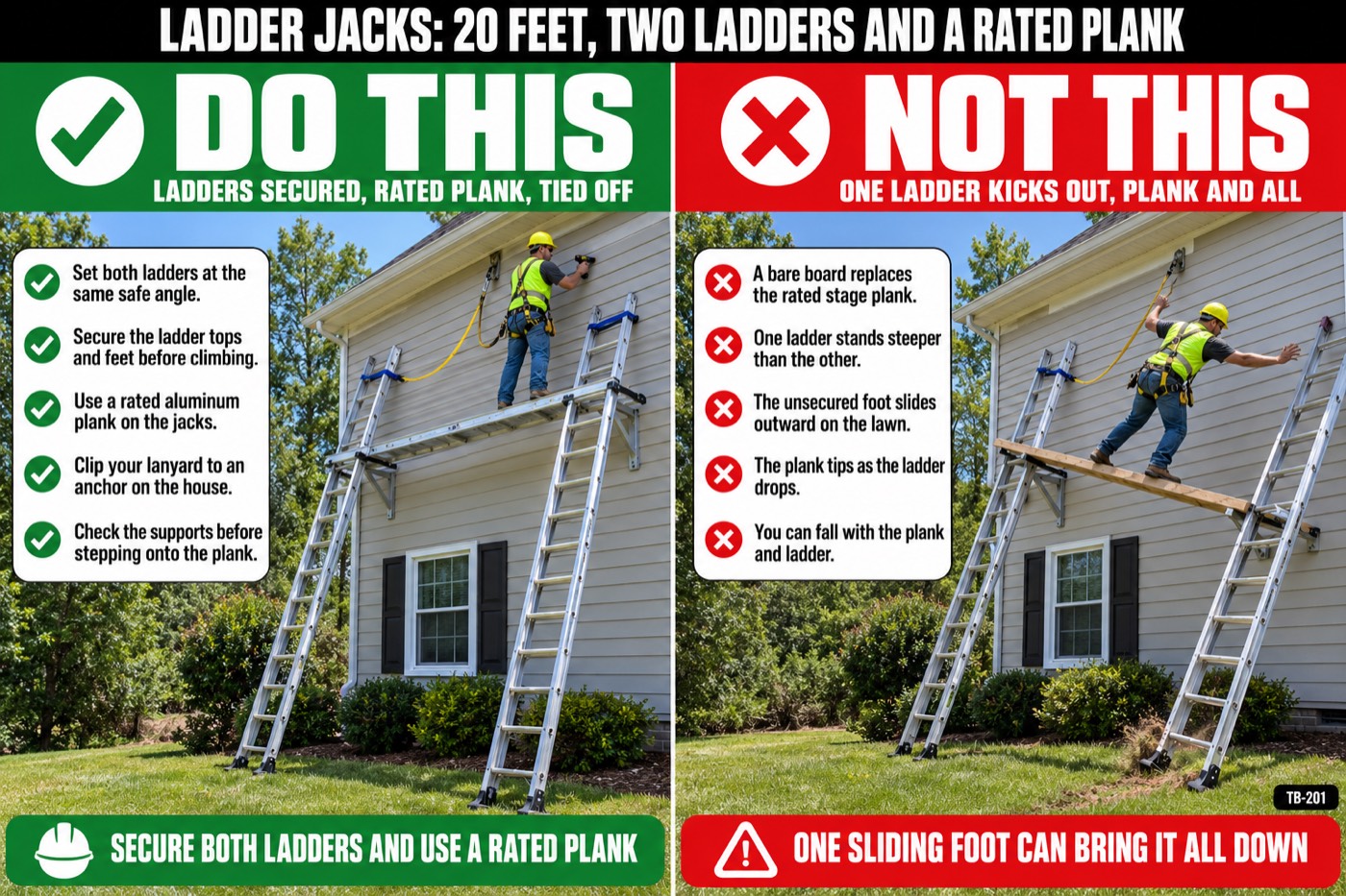 Ladder jacks: 20 feet, two ladders and a rated plank: the placard for this talk