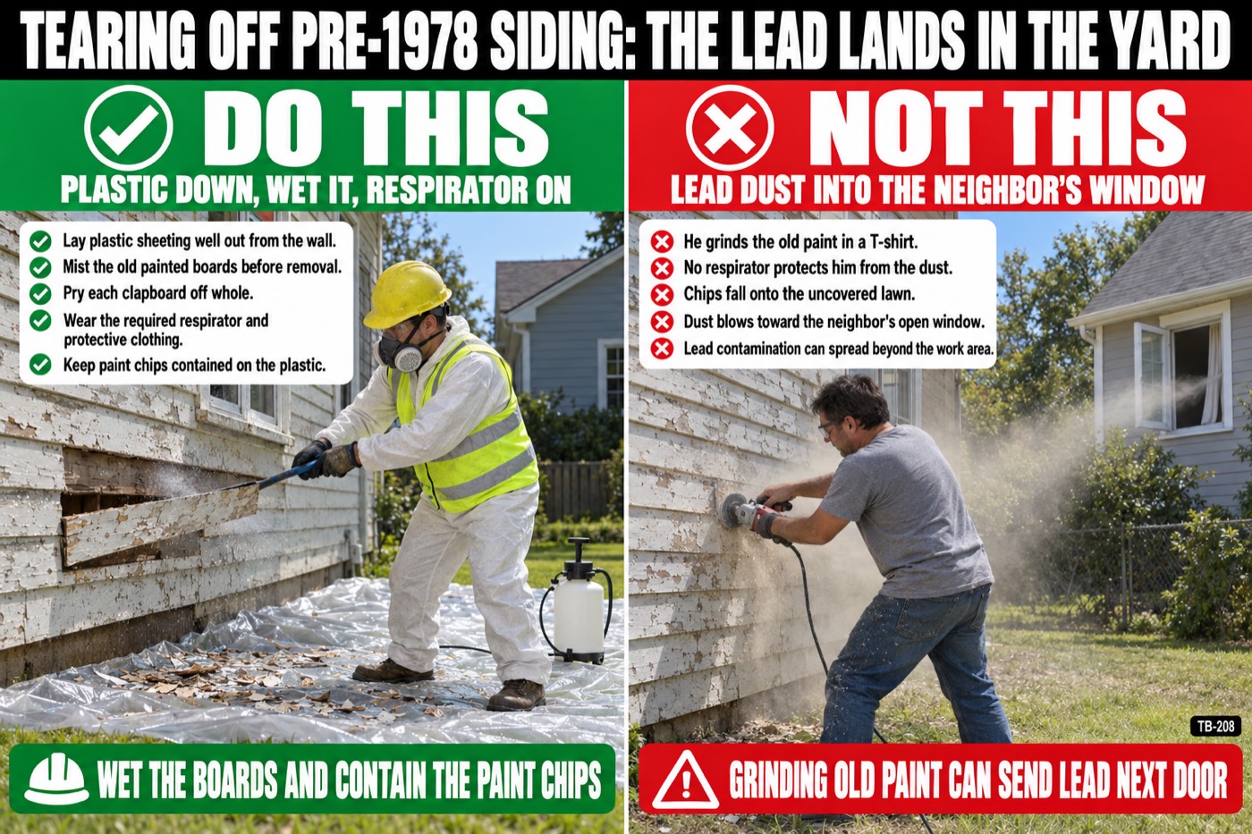Tearing off pre-1978 siding: the lead lands in the yard: the placard for this talk