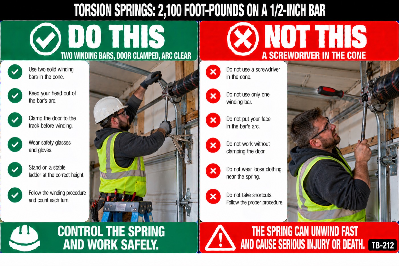 Torsion springs: 2,100 foot-pounds on a 1/2-inch bar: the placard for this talk