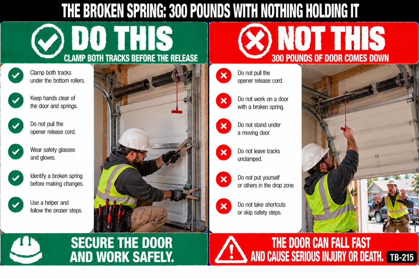 The broken spring: 300 pounds with nothing holding it: the placard for this talk