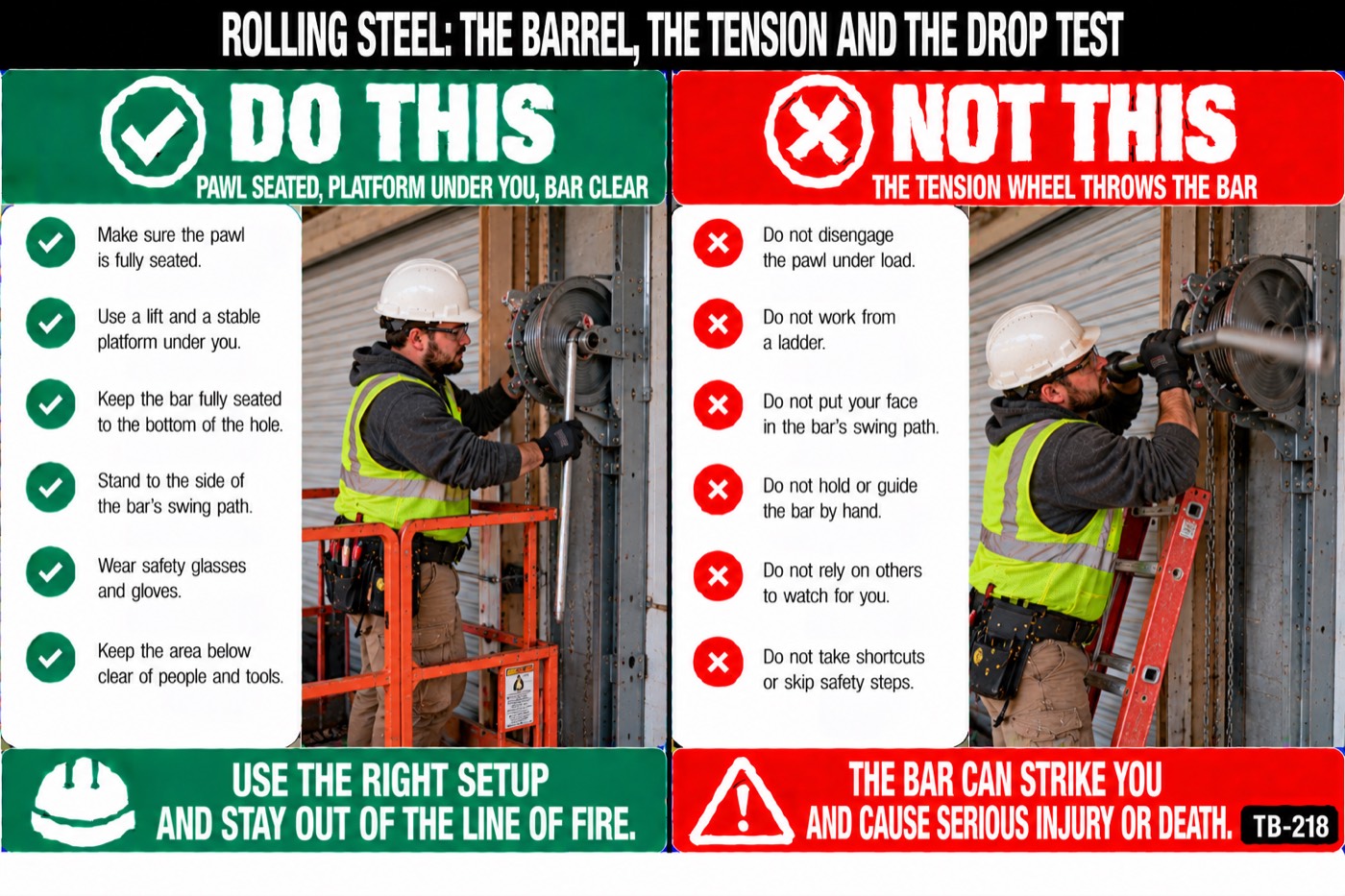 Rolling steel: the barrel, the tension and the drop test: the placard for this talk