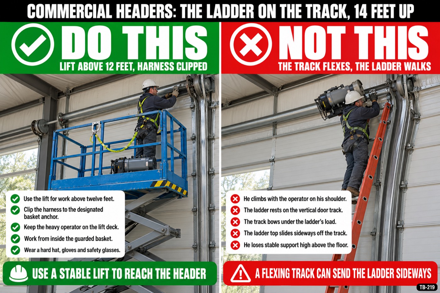 Commercial headers: the ladder on the track, 14 feet up: the placard for this talk