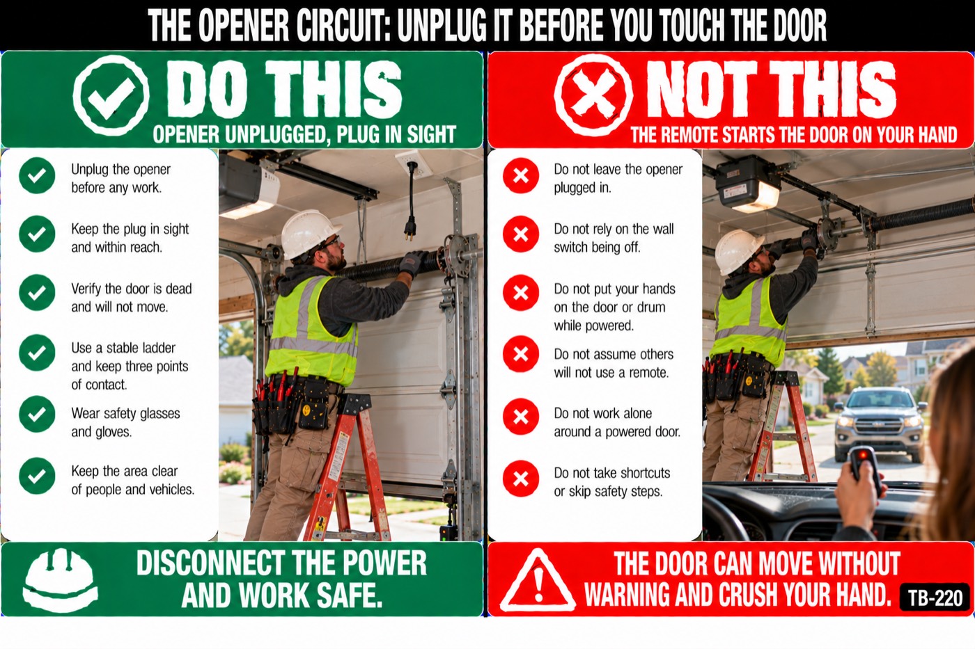 The opener circuit: unplug it before you touch the door: the placard for this talk
