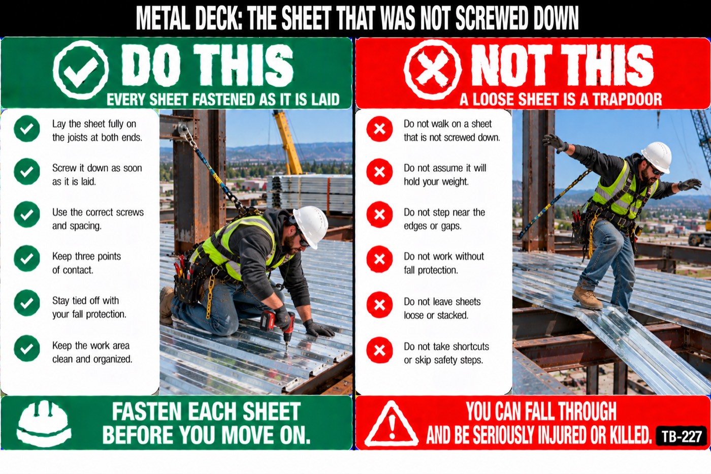 Metal deck: the sheet that was not screwed down: the placard for this talk