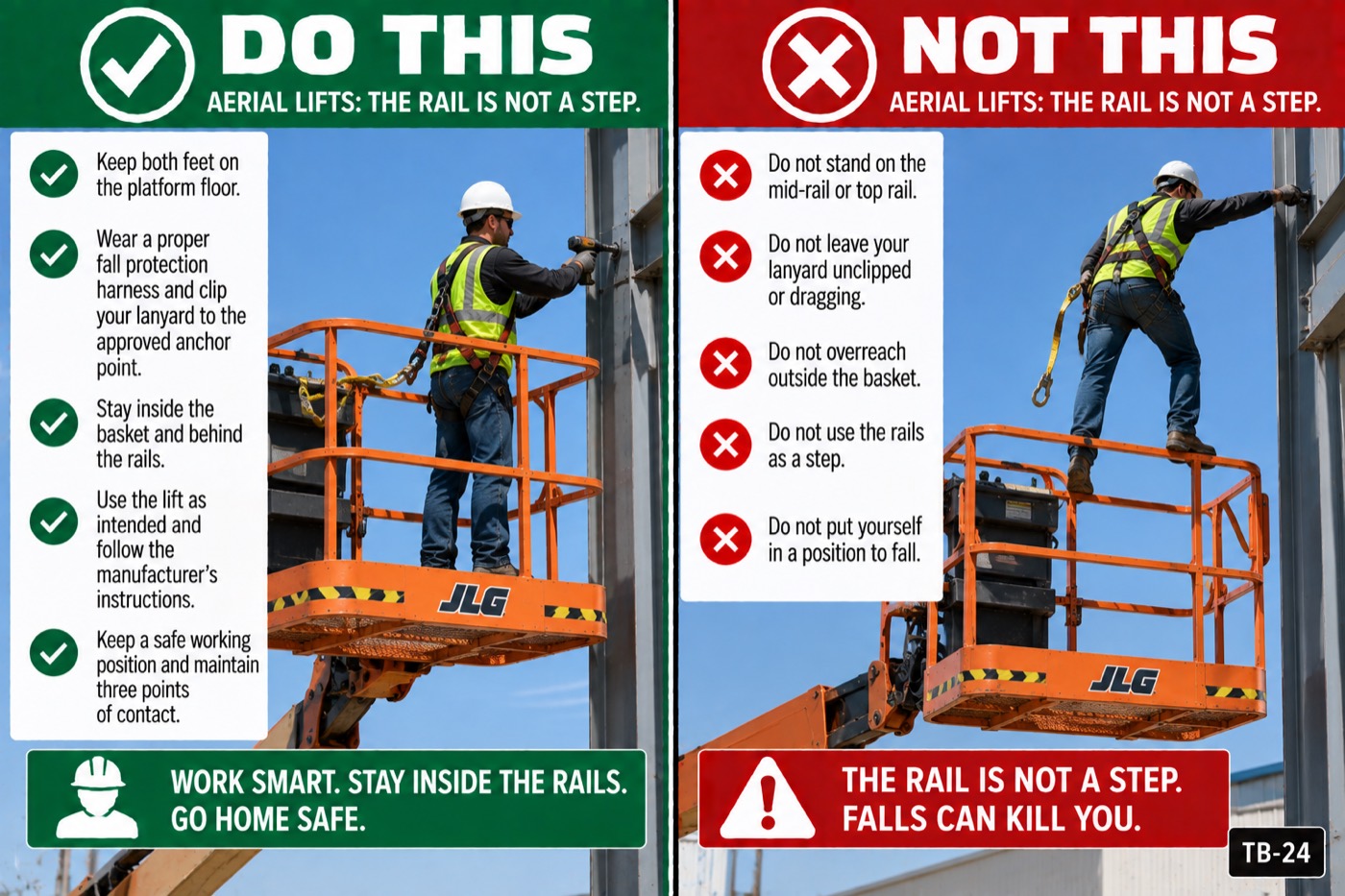 Aerial lifts: the rail is not a step: the placard for this talk