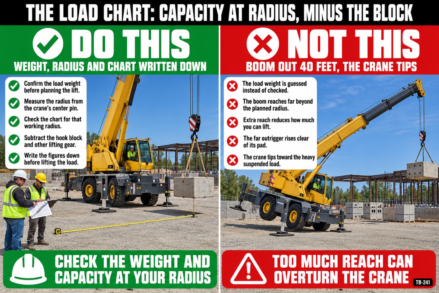 The load chart: capacity at radius, minus the block: the placard for this talk