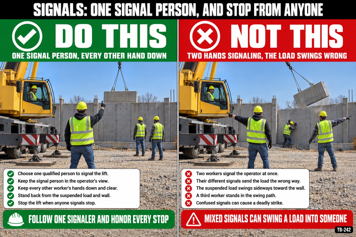 Signals: one signal person, and stop from anyone: the placard for this talk