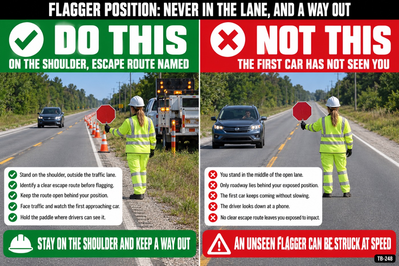 Flagger position: never in the lane, and a way out: the placard for this talk